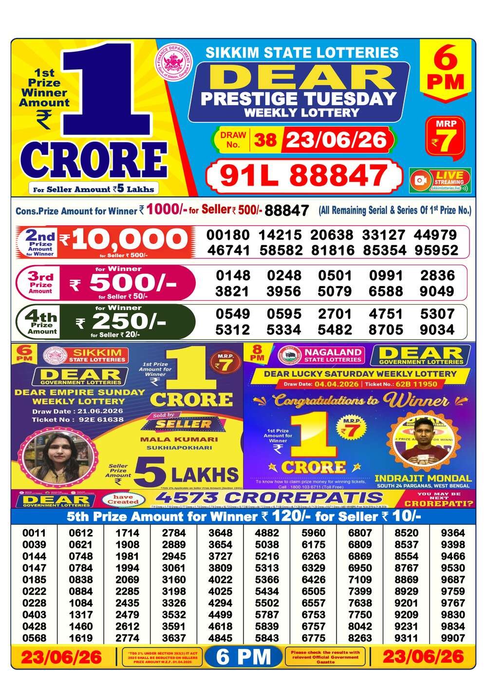 Dear Lottery Result 6 PM